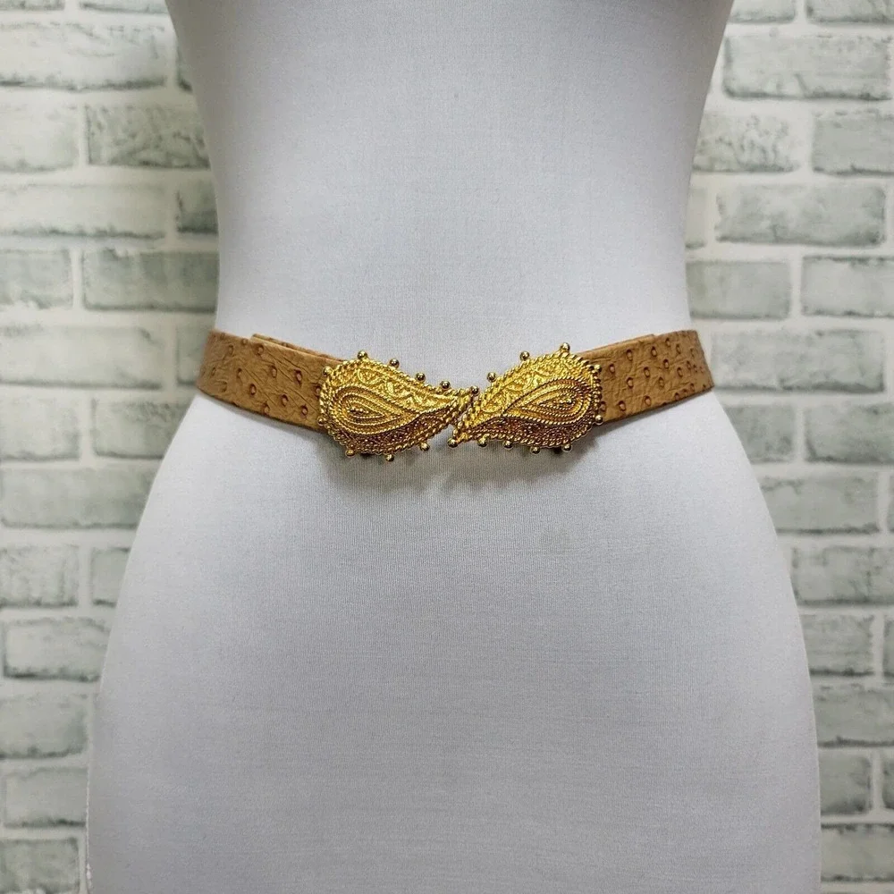 Vintage Mimi Di N 1991 Tan Ostrich‎ Embossed Belt Gold Paisley Buckle Womens